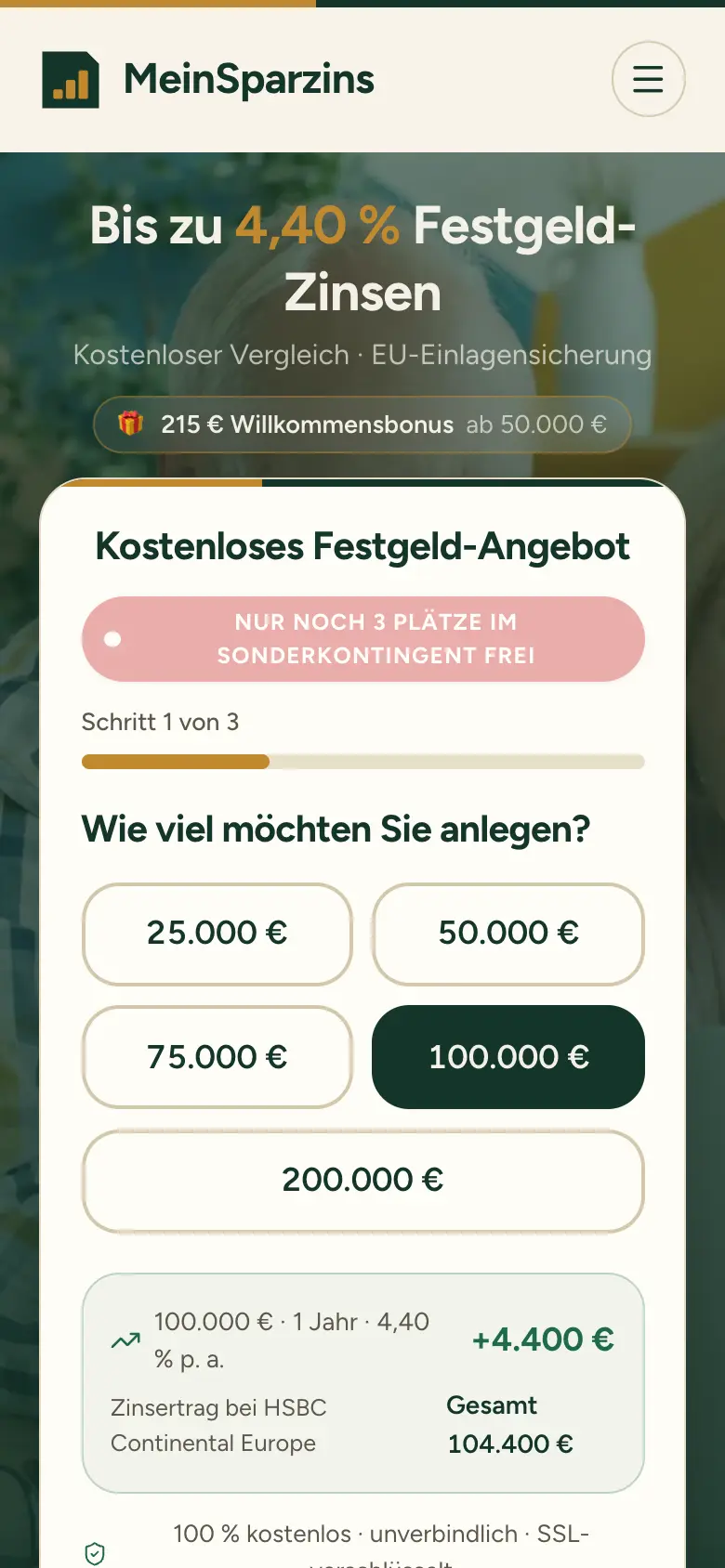 Mobile Ansicht von MeinSparzins mit dem aktuellen Festgeld-Vergleich